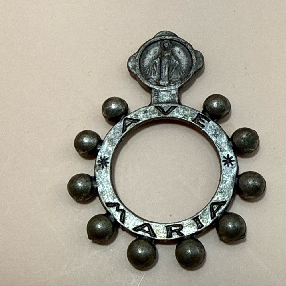 Vintage Catholic Rosary Ring Pocket Crucifix Crown of Thorns - Ave Maria ITALY
